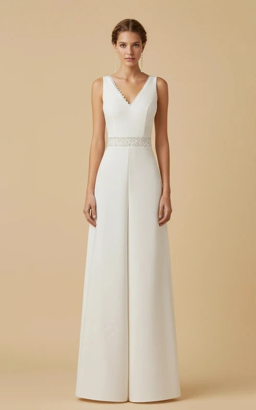 Combinaison de mariage sans manches à col en V et bordure décorative, jambes larges et taille brillante