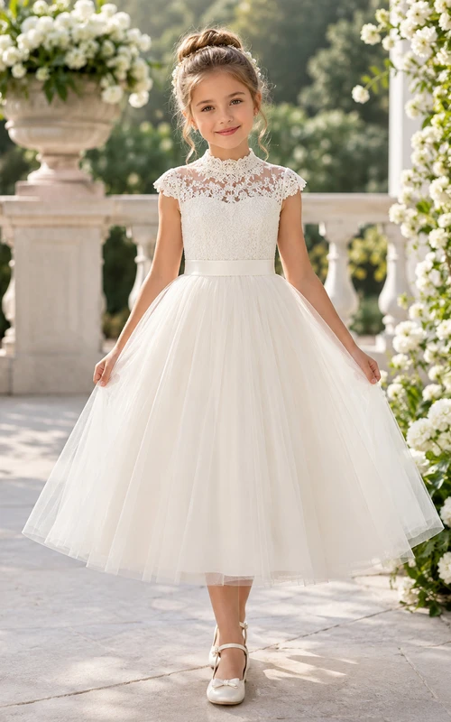 Flower Girl Dress Ivory Lace Tulle A-Line Jewel Neck Tea Length