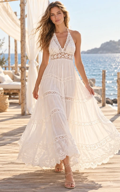 Robe de mariée maxi bohème à dos nu en dentelle à volants et col halter en V