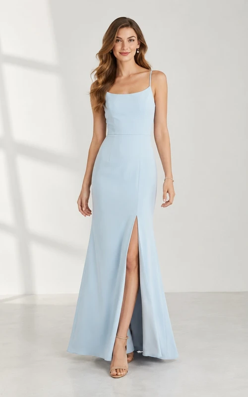 Sky Blue Front Slit Square-Neck Sheath Floor-Length Satin Evening Gown