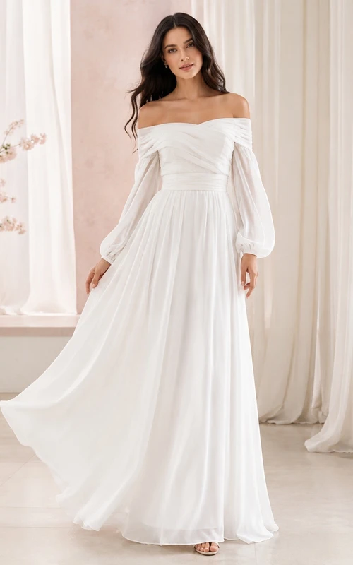 Vestido de novia de gasa estilo imperio, manga larga, hombros descubiertos, largo hasta el suelo