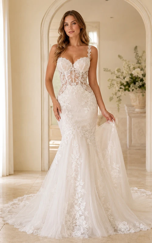 Robe de mariée sirène élégante en dentelle botanique à bretelles plongeantes et traîne chapelle
