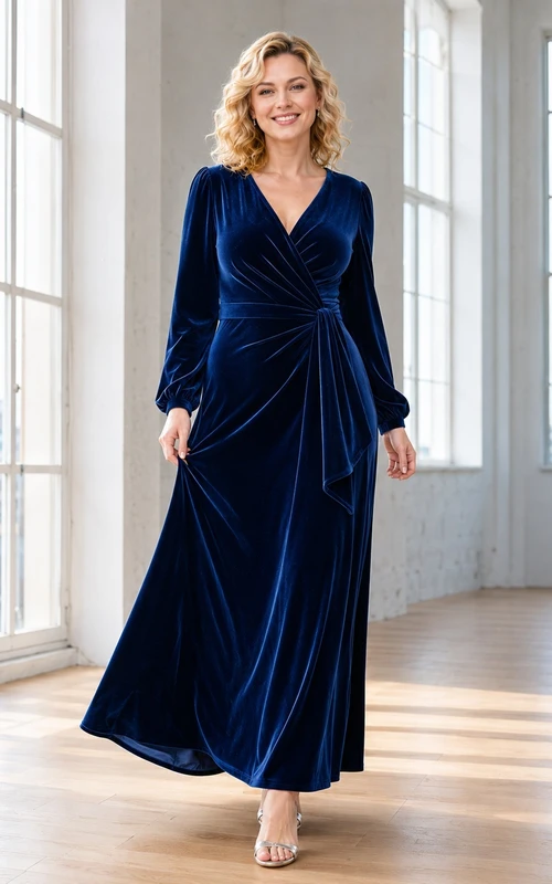 Dark Navy Velvet V-neck Long Sleeve A-Line Floor-length Luxury Elegant Formal Evening Ruched Dress