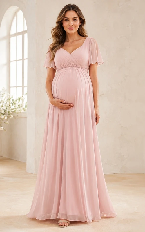 Umstandskleid in Blush mit V-Ausschnitt, flatternden Ärmeln und Empire-Schnitt, bodenlang