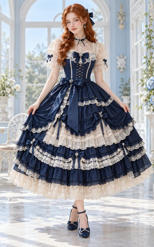 Robe de bal Lolita bleu marine foncé et crème à volants en dentelle et nœud papillon, longueur thé