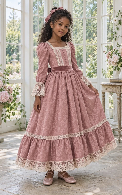 Langärmeliges, eckiges Ausschnitt-Blumenmädchenkleid in A-Linie mit Rosenmuster, Spitze, knöchellangen Einsätzen und Rüschensaum