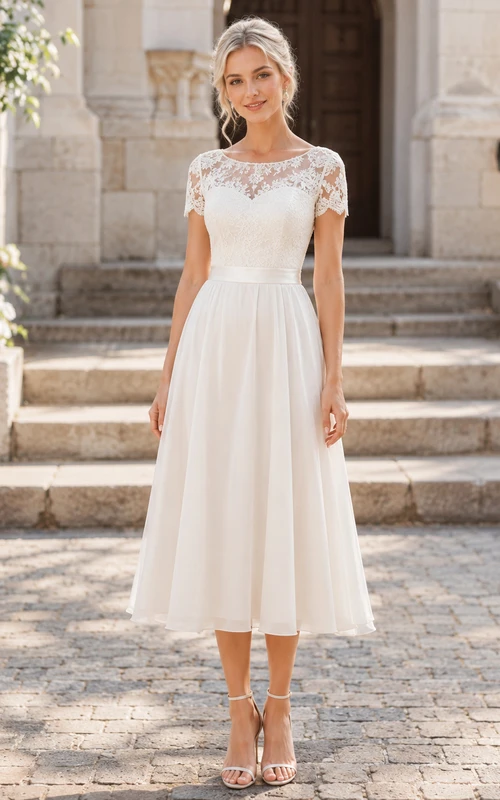 Robe Firmung ivoire en mousseline de soie à manches courtes et dentelle bateau, coupe trapèze, longueur thé, style modeste