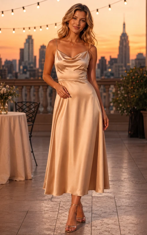 Champagne Cowl Neck Satin Midi Guest Cocktail Dress