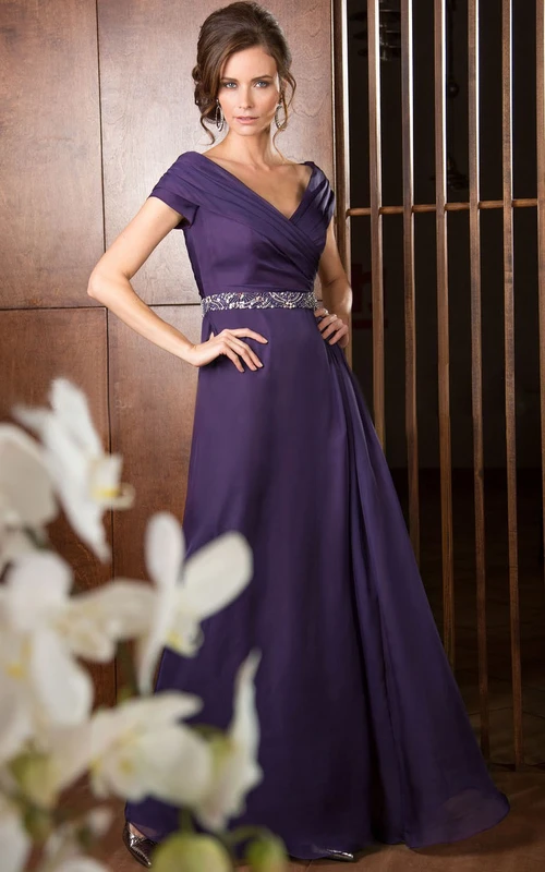 V-Neck A-Line Long Mother Of The Bride Dress With Ruches And Sequins