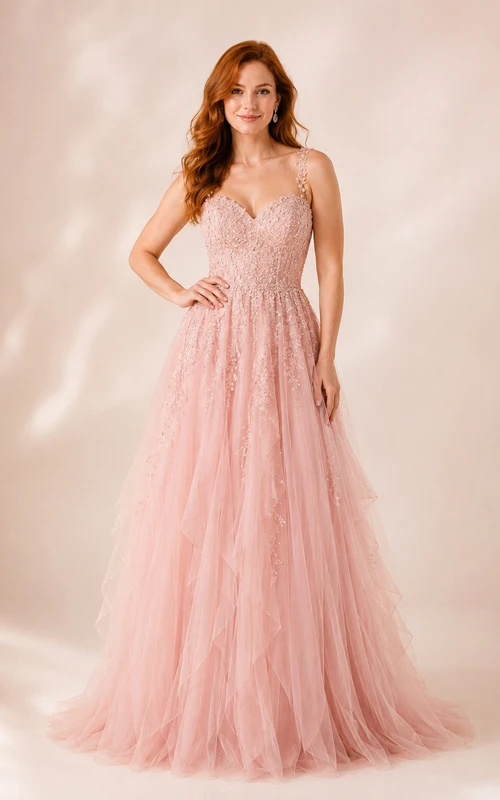 Ballkleid aus rosafarbener Spitze und Tüll, A-Linie, V-Ausschnitt, ärmellos, bodenlang