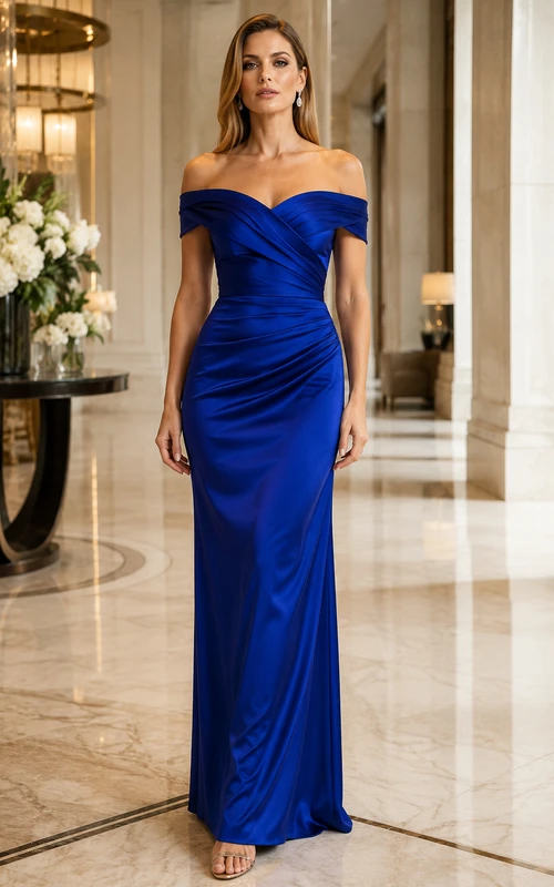 Royal Blue Off Shoulder Satin Sheath Evening Dress for Evening and Formal Events