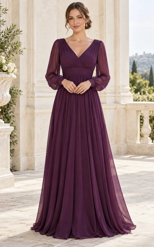 Vestido de noche formal de gasa color ciruela con escote en V, mangas largas estilo obispo, cintura fruncida y falda plisada hasta el suelo.