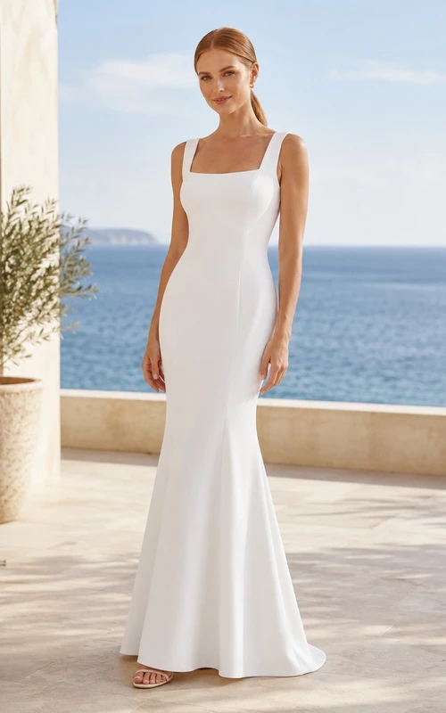Ärmelloses, minimalistisches Brautkleid aus Satin mit eckigem Ausschnitt, drapiertem, tiefem Rückenausschnitt und bodenlangem Schnitt