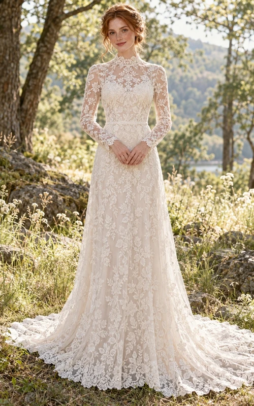 Boho Long Sleeve High Neck Allover Floral Lace Wedding Dress