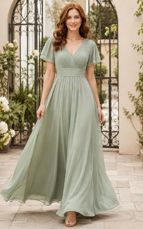 Vestido formal largo hasta el suelo de gasa con escote en V y mangas con volantes, color verde salvia.