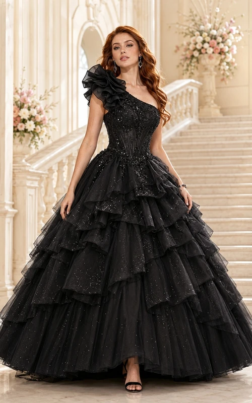 Black Ruffled Sequined One-Shoulder Ball-Gown Floor-Length Tulle Dramatic Quinceanera Gown