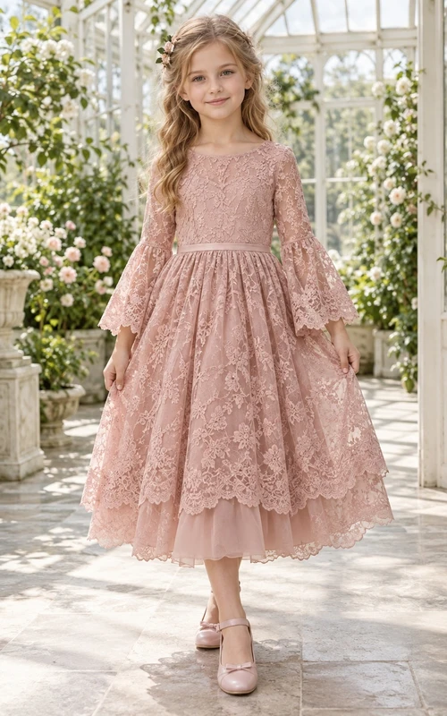 Tea-length Vintage Mauve Bell Sleeve Scoop Layered Scalloped Floral Lace A-Line Flowergirl Dress