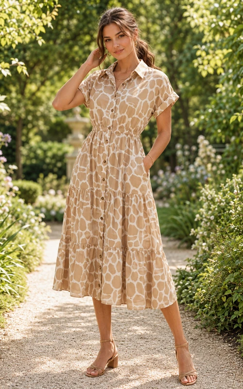 Light Giraffe Print Button Front Shirt A-Line Midi Dress