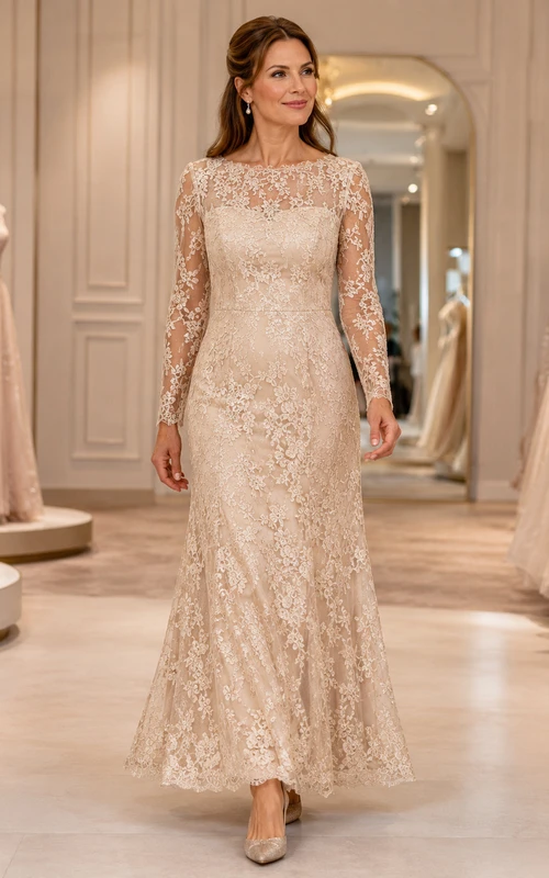 Champagne Long Sleeve Lace Mermaid Mother Tea Length Dress