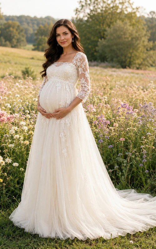 Vestido de novia premamá con hombros descubiertos, manga larga, encaje, estilo campestre, con cola.