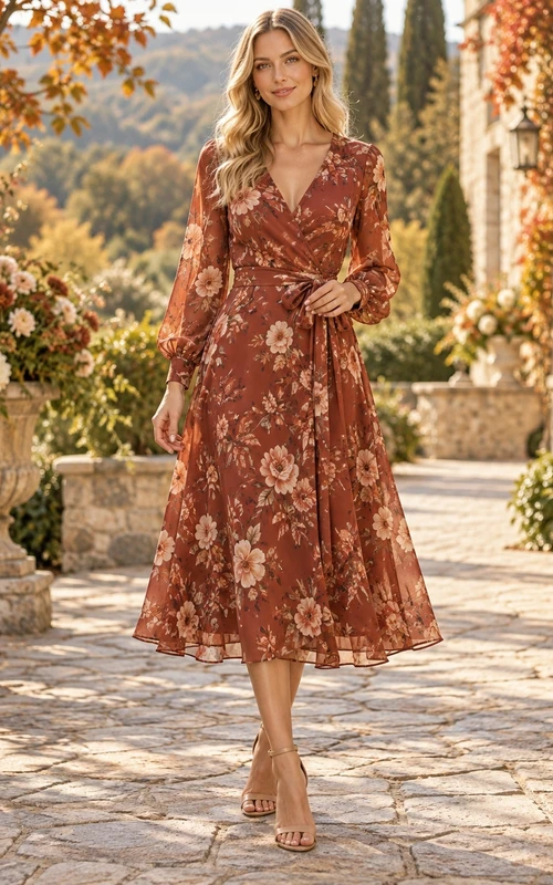Brown Rust Floral Print A-Line V-Neck Short Sleeve Autumn Guest Dress