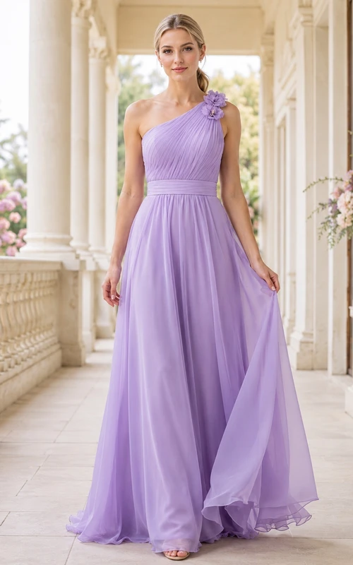 Lavender One-shoulder Flower Pleated Chiffon Cotillion Ball Gown Formal Evening Dress