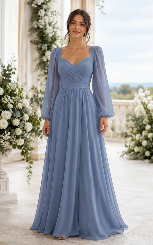 Robe de demoiselle d'honneur bleu acier à manches longues, décolleté cœur et coupe trapèze en mousseline, coupe trapèze