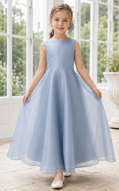 Blumenmädchenkleid, himmelblau, Chiffon, A-Linie, V-Ausschnitt, Teelänge, plissiert