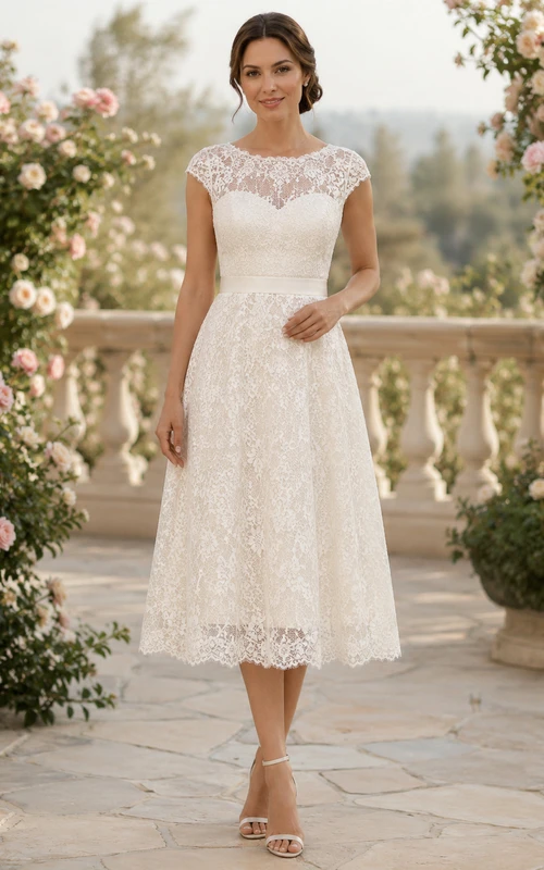 Robe de mariée civile romantique en dentelle à manches courtes et décolleté en cœur, style bateau, pour un mariage court