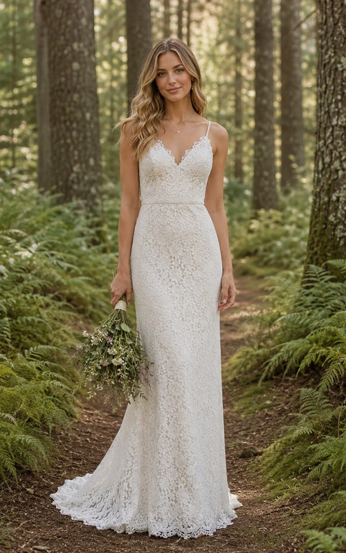 Sleeveless Forest Boho Lace Sheath Elopement Wedding Dress