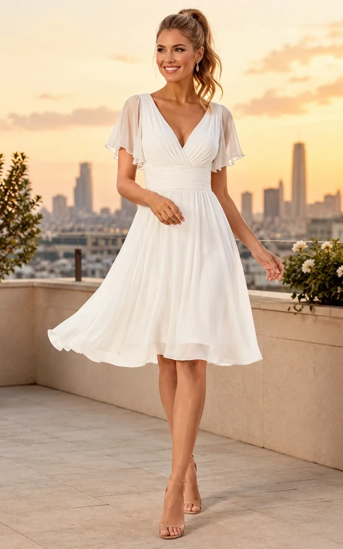 City Flutter Weißes A-Linien-Cocktailkleid aus Chiffon mit V-Ausschnitt und kurzen Ärmeln, knielang, romantischer Optik