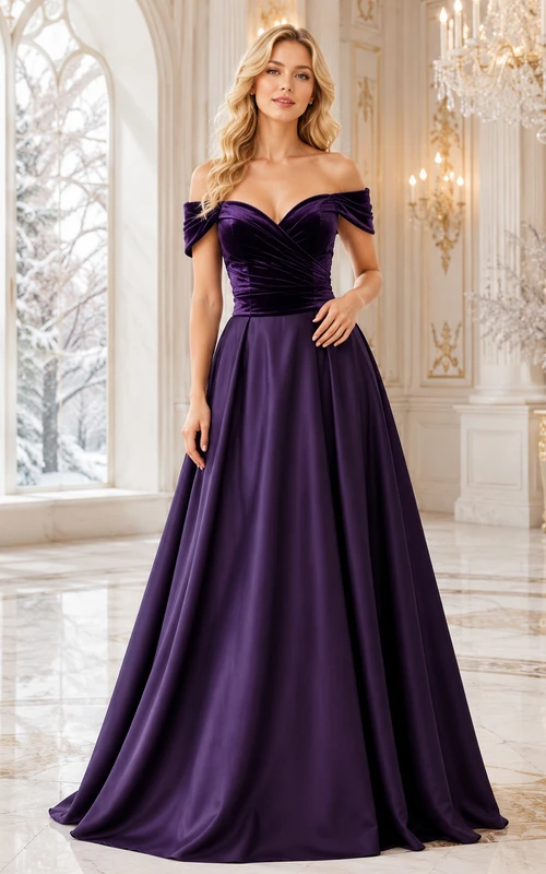 Vestido de novia de corte A de terciopelo y satén color morado oscuro con hombros descubiertos