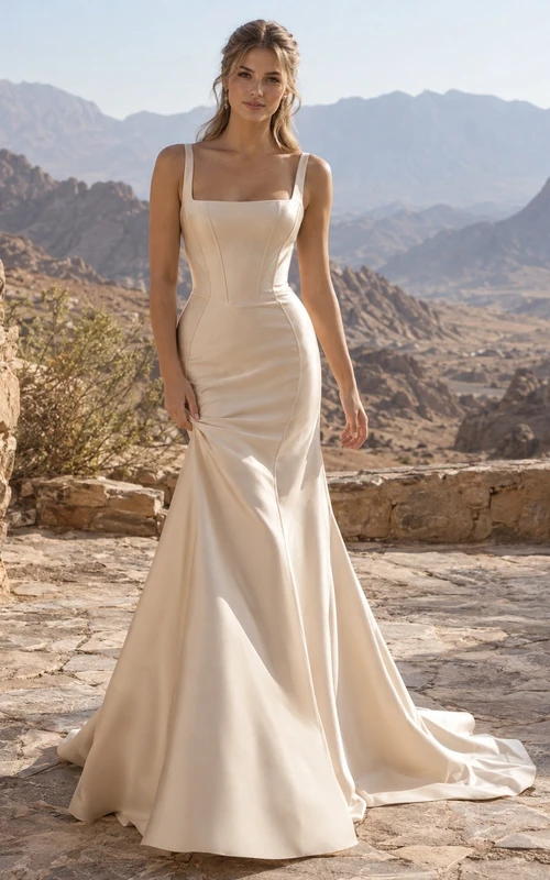 Vestido de novia sencillo de corte sirena color champán, escote cuadrado, sin mangas, de satén, con tirantes anchos y cola larga.