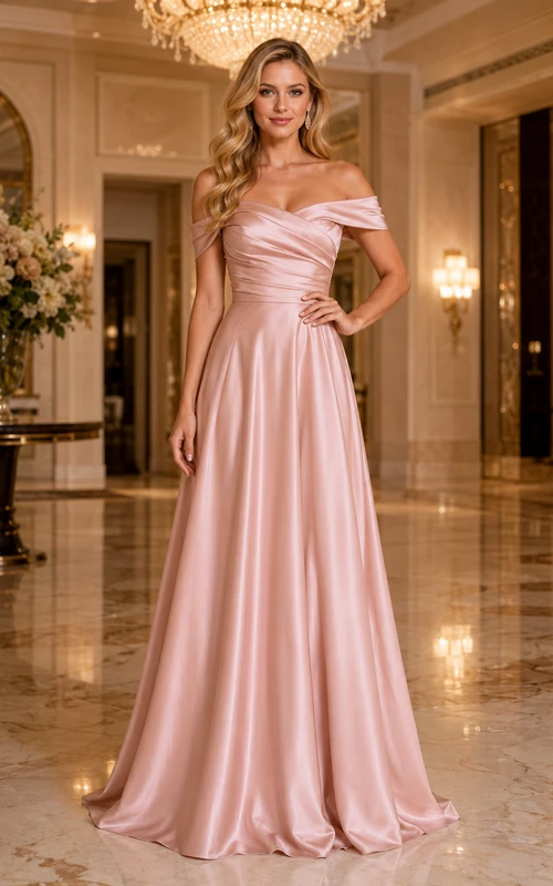 Vestido de dama de honor de talla grande en satén rosa rubor, corte en A, con hombros descubiertos y corpiño fruncido.