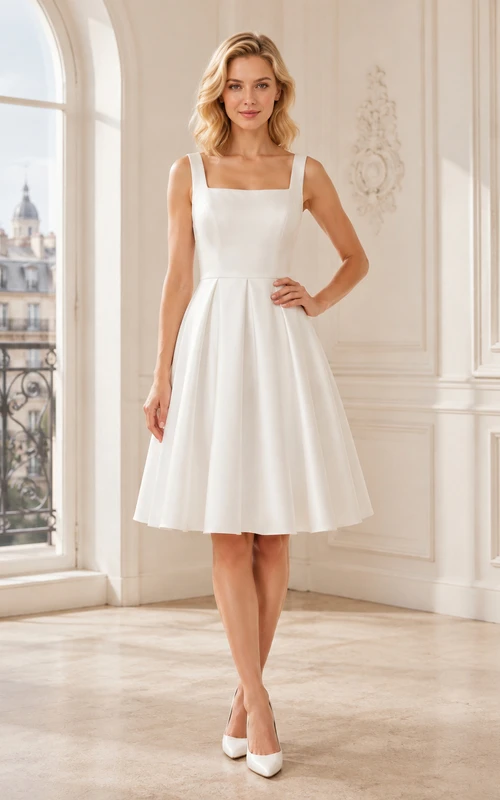 Vestido de cóctel de boda sencillo, vintage, sin mangas, de satén, con escote cuadrado, plisado y largo hasta la rodilla.