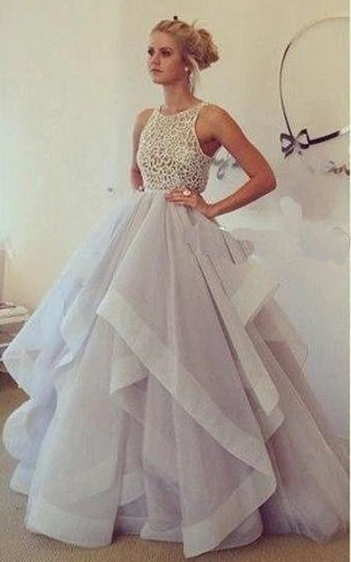 Vestido largo sin mangas de gasa con corpiño de encaje