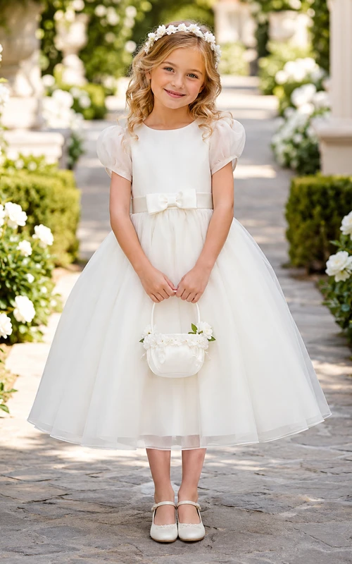 Blumenmädchenkleid aus elfenbeinfarbenem Tüll, A-Linie, Rundhalsausschnitt, Teelänge, Schleifendetail