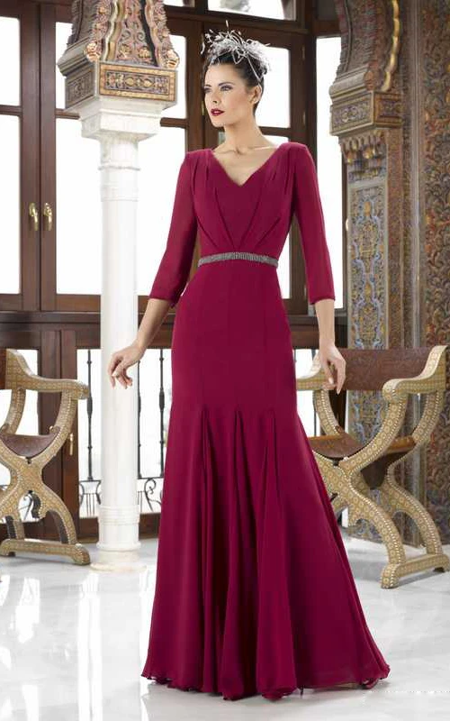 Robe de mère de la mariée en mousseline ornée de bijoux, manches 3-4, col en V