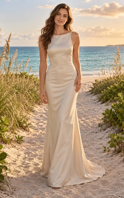 Brautkleid aus champagnerfarbenem Satin mit Meerjungfrauenschnitt, U-Boot-Ausschnitt, schlichtem ärmellosem Oberteil und Racerback-Rücken