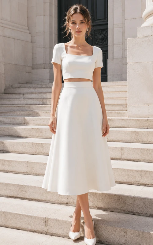 Vestido de novia civil de dos piezas con escote cuadrado y falda midi