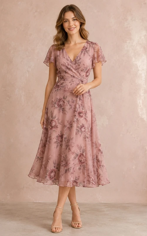 Altrosa geblümtes Chiffon-Gästekleid mit V-Ausschnitt, kurzen Ärmeln und A-Linien-Schnitt, wadenlang