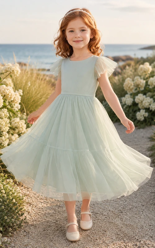 Blumenmädchenkleid mintgrün, Tüll, A-Linie, Volantärmel, Rundhalsausschnitt, Teelänge, Rüschenbesatz