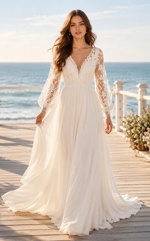 Robe de mariée de plage en mousseline fluide, col en V, manches cloche longues en dentelle, coupe trapèze, col A, manches longues en dentelle.