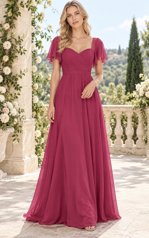 Vestido de dama de honor sencillo, color frambuesa, corte A, escote corazón, gasa, mangas con volantes y fruncido, largo hasta el suelo.