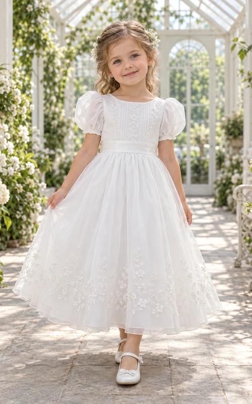 Vestido de niña de flores blanco, modesto, de corte A, con estampado floral, mangas abullonadas y lazo en la espalda.