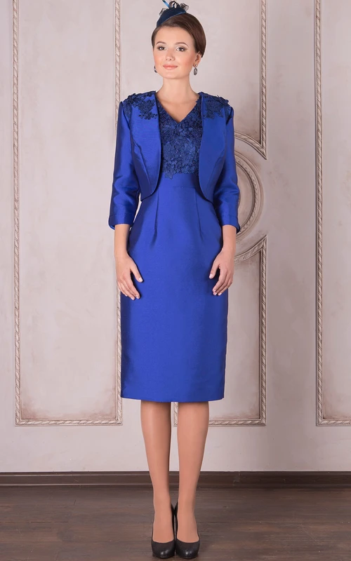 Vestido de satén con apliques, largo hasta la rodilla, manga 3/4, escote en V y manga tres cuartos, ideal para la madre de la novia.
