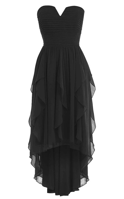 Vestido asimétrico de gasa con escote en V y volantes.