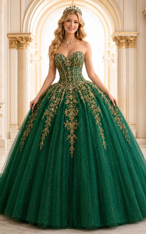 Vestido de quinceañera de princesa con cola de capilla, sin tirantes, bordado, color verde oscuro y dorado, de lujo, sin tirantes, escote corazón.