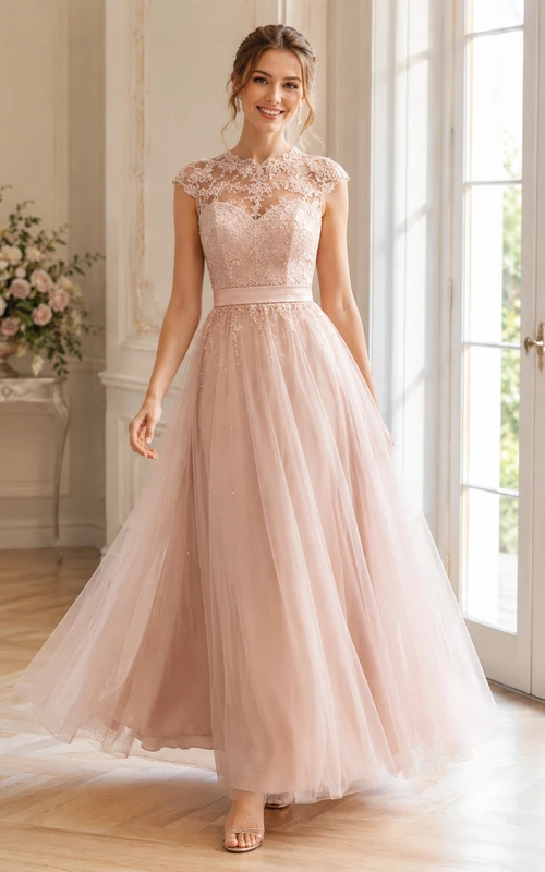 Romantic Blush Halter Illusion Lace Tulle A Line Formal Guest Gown