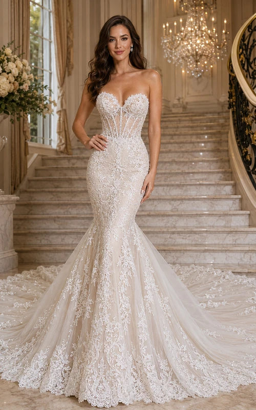 Robe de mariée sirène sans bretelles en dentelle, décolleté cœur et traîne chapelle, ornée d'appliques, style jardin.